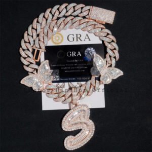 Iced Out VVS D Color Moissanite Butterfly Cuban Chain with Custom Initial 'S' Pendant - Hip Hop Jewelry - Image 3