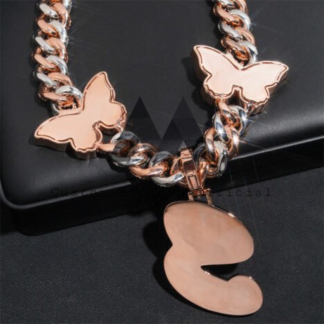 Iced Out VVS D Color Moissanite Butterfly Cuban Chain with Custom Initial 'S' Pendant - Hip Hop Jewelry - Image 5