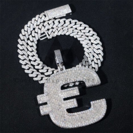 925 Sterling Silver Iced Out Euro Symbol Pendant for 10MM Cuban Chain, Hip Hop Jewelry - Image 2