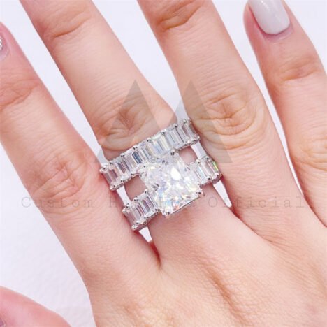 Emerald-Cut VVS Moissanite Engagement Rings Set, 925 Sterling Silver for Couples - Image 4