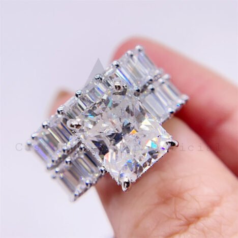 Emerald-Cut VVS Moissanite Engagement Rings Set, 925 Sterling Silver for Couples - Image 5