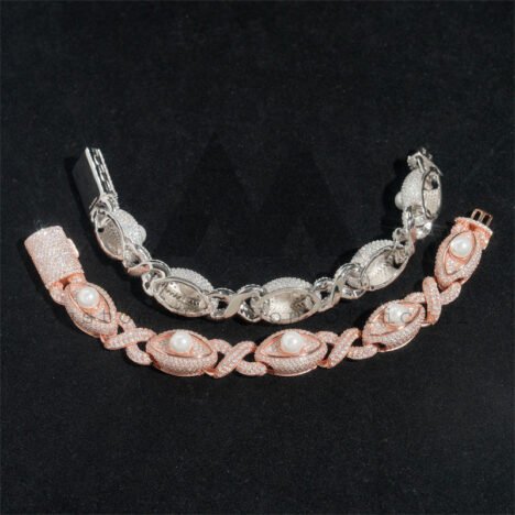 15MM Rose Gold White Gold Iced Out VVS Moissanite Diamond Evil Eye Cuban Bracelet With Pearls - Image 2