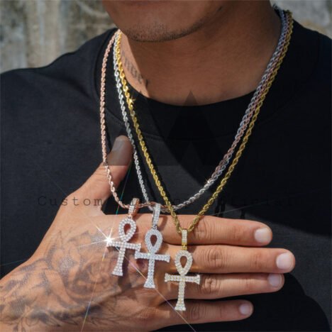 Men's Moissanite Diamond Ankh Cross Pendant, Iced Out, Fits 4MM Tennis Chain