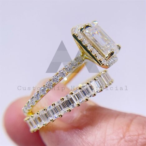 10K 14K 18K Real Gold Emerald Cut Moissanite Engagement Wedding Ring Set Pass Diamond Tester - Image 2