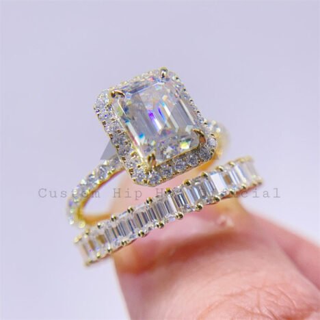 10K 14K 18K Real Gold Emerald Cut Moissanite Engagement Wedding Ring Set Pass Diamond Tester - Image 4