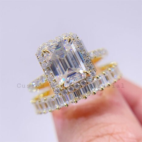 10K 14K 18K Real Gold Emerald Cut Moissanite Engagement Wedding Ring Set Pass Diamond Tester