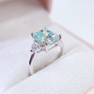 White Gold Three Stone Design Radiant Cut Tiffany Blue Moissanite Ring For Women - Image 3