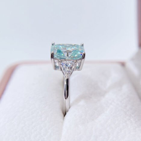 White Gold Three Stone Design Radiant Cut Tiffany Blue Moissanite Ring For Women - Image 4
