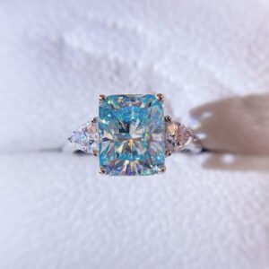 White Gold Three Stone Design Radiant Cut Tiffany Blue Moissanite Ring For Women - Image 5