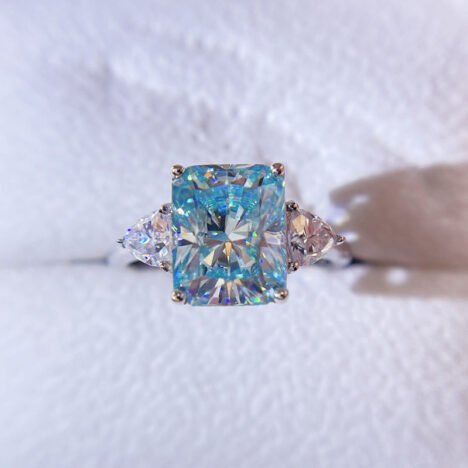 White Gold Three Stone Design Radiant Cut Tiffany Blue Moissanite Ring For Women - Image 5