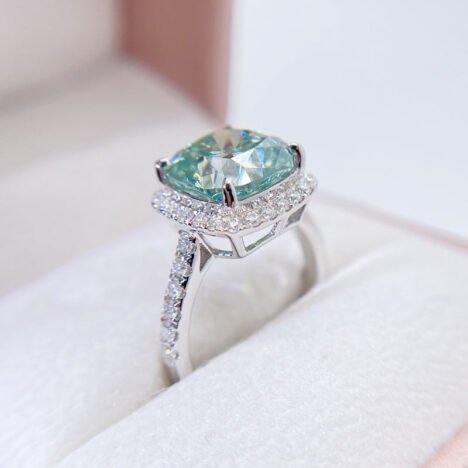 White Gold Halo Diamond Style Tiffany Blue Moissanite Diamond Ring With Tiffany Blue Stone - Image 2