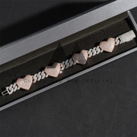 Hip Hop Iced Out 10MM Heart Charm Cuban Link Bracelet Rose Gold Mix White Gold - Image 2