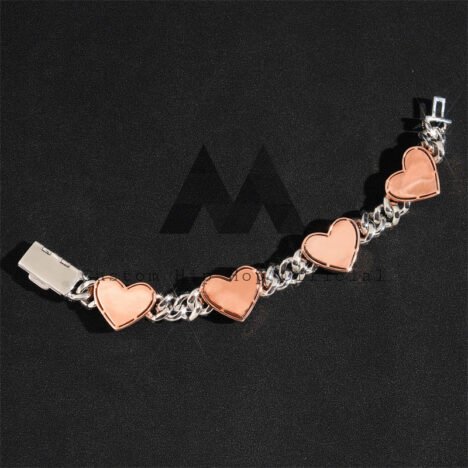 Hip Hop Iced Out 10MM Heart Charm Cuban Link Bracelet Rose Gold Mix White Gold - Image 3