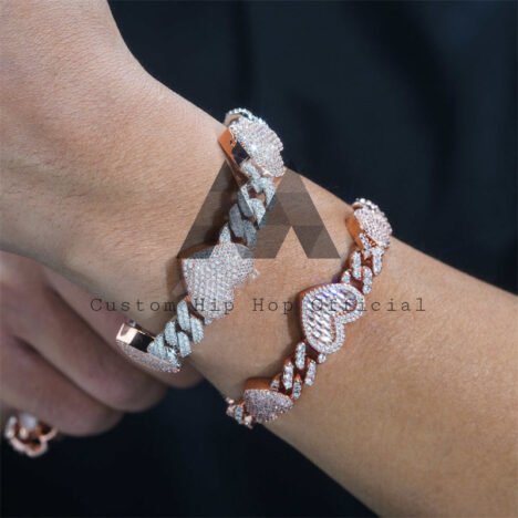 Hip Hop Iced Out 10MM Heart Charm Cuban Link Bracelet Rose Gold Mix White Gold - Image 4