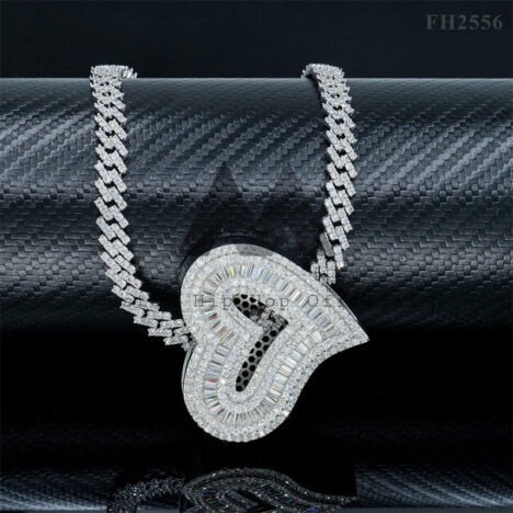 Silver 925 White Gold Plated Heart Moissanite Pendant for 6MM Cuban Chain, Hip Hop Jewelry