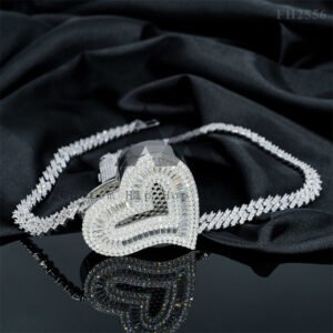 Silver 925 White Gold Plated Heart Moissanite Pendant for 6MM Cuban Chain, Hip Hop Jewelry - Image 6