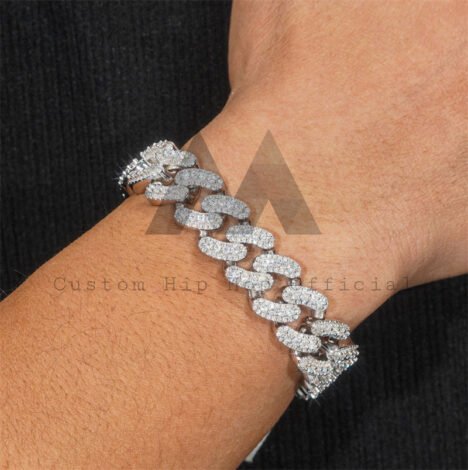 15MM Moissanite Cuban Link Bracelet Silver Two-Row Round Hip Hop Jewelry - Image 2