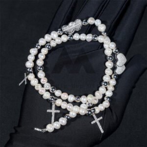 925 Sterling Silver Men 8MM Pearl Chain With Moissanite Heart Charm And Cross Charm - Image 2
