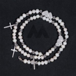 925 Sterling Silver Men 8MM Pearl Chain With Moissanite Heart Charm And Cross Charm - Image 3