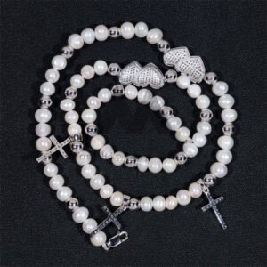 925 Sterling Silver Men 8MM Pearl Chain With Moissanite Heart Charm And Cross Charm - Image 4