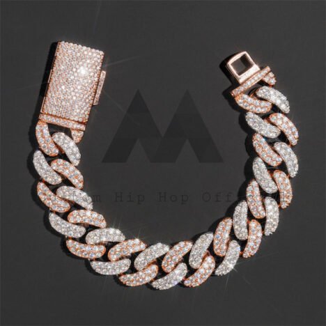 15MM Moissanite Diamond Cuban Bracelet in Rose & White Gold | Hip Hop Jewelry