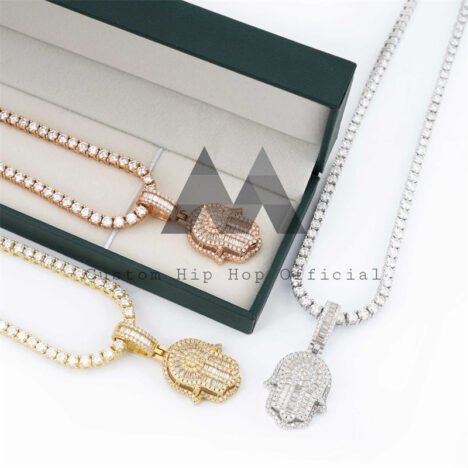 Mini 925 Silver Moissanite Hamsa Pendant for 3MM Tennis Chain - Iced Out Hip Hop Jewelry - Image 3