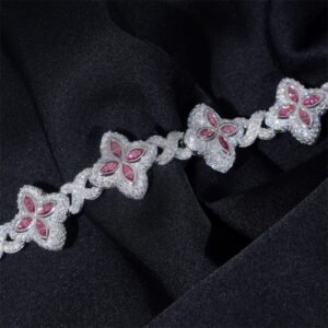 Iced Out Hip Hop 925 Silver 18MM Width Pink Moissanite Clover Infinity Link Bracelet - Image 3