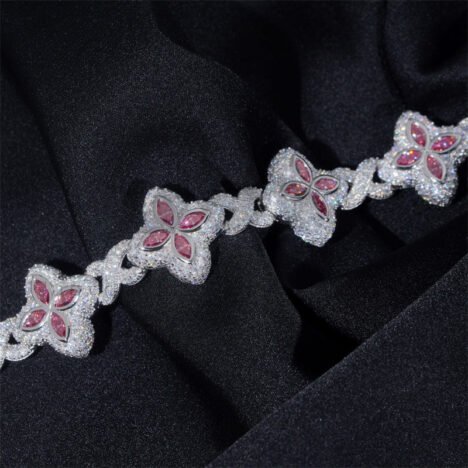 Iced Out Hip Hop 925 Silver 18MM Width Pink Moissanite Clover Infinity Link Bracelet - Image 3