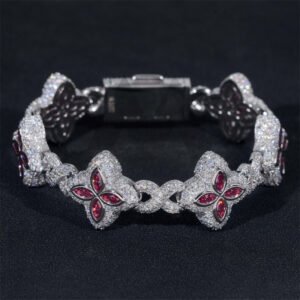Iced Out Hip Hop 925 Silver 18MM Width Pink Moissanite Clover Infinity Link Bracelet - Image 4