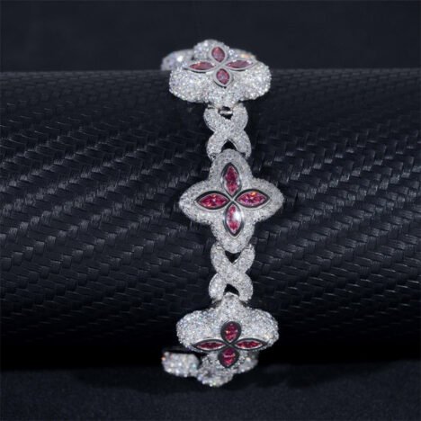 Iced Out Hip Hop 925 Silver 18MM Width Pink Moissanite Clover Infinity Link Bracelet - Image 5