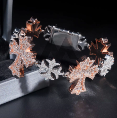 Iced Out Moissanite Diamond Bracelet - Rose Gold Two-Tone Baguette Cross & Snowflake Design, Hip Hop Jewelry - Image 2