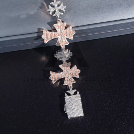 Iced Out Moissanite Diamond Bracelet - Rose Gold Two-Tone Baguette Cross & Snowflake Design, Hip Hop Jewelry - Image 4