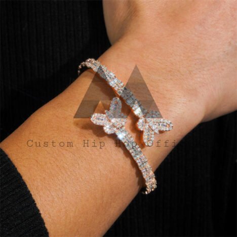 Rose Gold Sterling Silver Butterfly Bangle, Iced Out Hip Hop Jewelry with Moissanite - Image 3