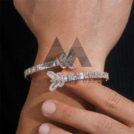 Rose Gold Sterling Silver Butterfly Bangle, Iced Out Hip Hop Jewelry with Moissanite - Image 4