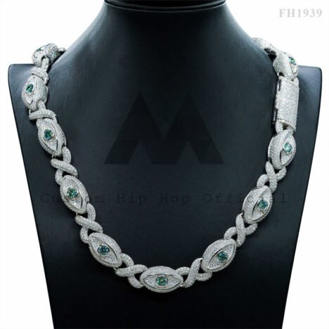 Rapper Jewelry 15MM Width Moissanite Diamond Iced Out Evil Eye Link Chain With Tiffany Blue Moissanite - Image 2