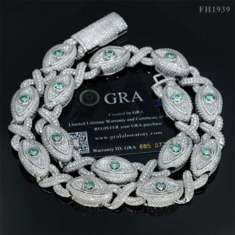 Rapper Jewelry 15MM Width Moissanite Diamond Iced Out Evil Eye Link Chain With Tiffany Blue Moissanite