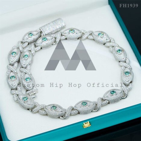 Rapper Jewelry 15MM Width Moissanite Diamond Iced Out Evil Eye Link Chain With Tiffany Blue Moissanite - Image 3