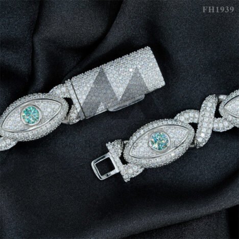 Rapper Jewelry 15MM Width Moissanite Diamond Iced Out Evil Eye Link Chain With Tiffany Blue Moissanite - Image 5