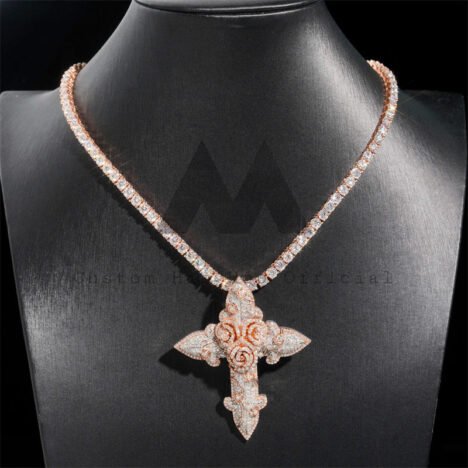 Rose Gold Moissanite Diamond Cross Pendant 2.5" Iced Out Flower Hip Hop Jewelry" - Image 2