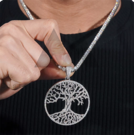 Solid Silver 2" Width Tree of Live Moissanite Diamond Pendant Fit For 4MM Tennis Chain - Image 2