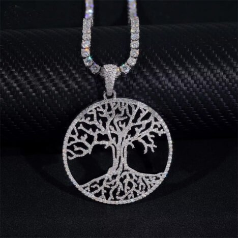 Solid Silver 2" Width Tree of Live Moissanite Diamond Pendant Fit For 4MM Tennis Chain - Image 3