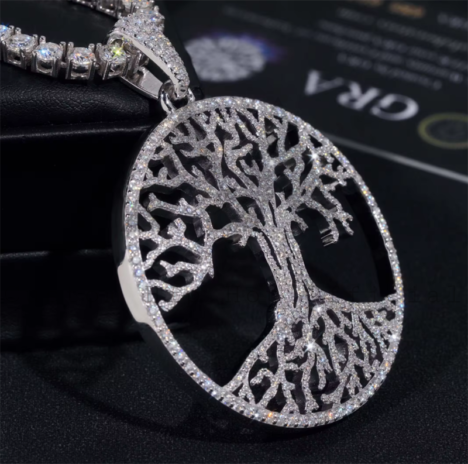 Solid Silver 2" Width Tree of Live Moissanite Diamond Pendant Fit For 4MM Tennis Chain - Image 4