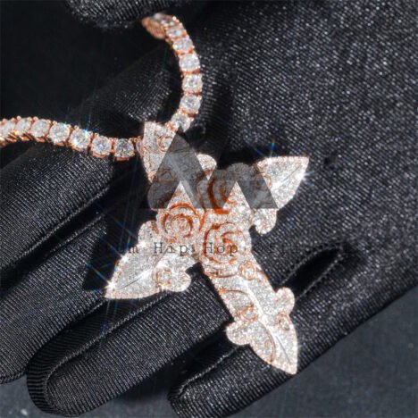 Rose Gold Moissanite Diamond Cross Pendant 2.5" Iced Out Flower Hip Hop Jewelry" - Image 3