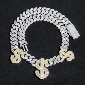 Men's 15MM Iced Out Moissanite Cuban Chain w/ Dollar Sign - Hip Hop Jewelry - Image 5