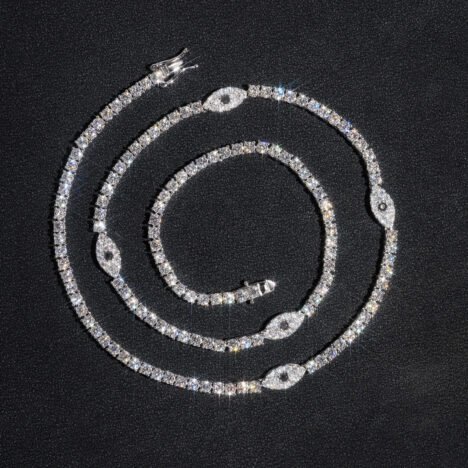 3MM Moissanite Tennis Chain Sterling Silver 925 w/ Evil Eye Charm - Hip Hop Jewelry