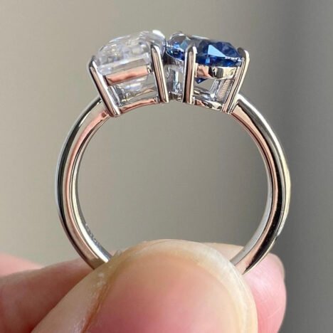 Fashion Design White Mix Sapphire Blue Moissanite Two Stome Design Ring White Gold 1 K 14K 18K - Image 4