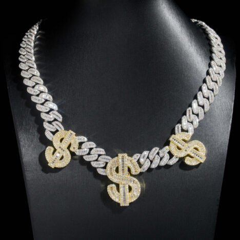 Men's 15MM Iced Out Moissanite Cuban Chain w/ Dollar Sign - Hip Hop Jewelry