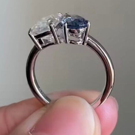 Fashion Design White Mix Sapphire Blue Moissanite Two Stome Design Ring White Gold 1 K 14K 18K - Image 2