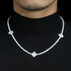 Baguette Moissanite Clover Tennis Chain 3MM Iced Out Sterling Silver - Image 4