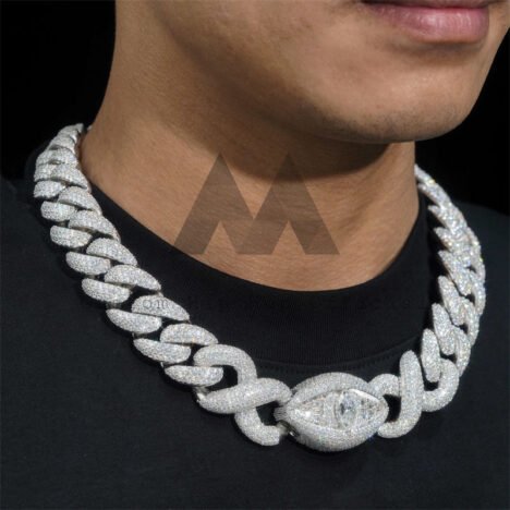 Iced-Out 925 Silver Cuban Link Bracelet with Infinity & Evil Eye Charm